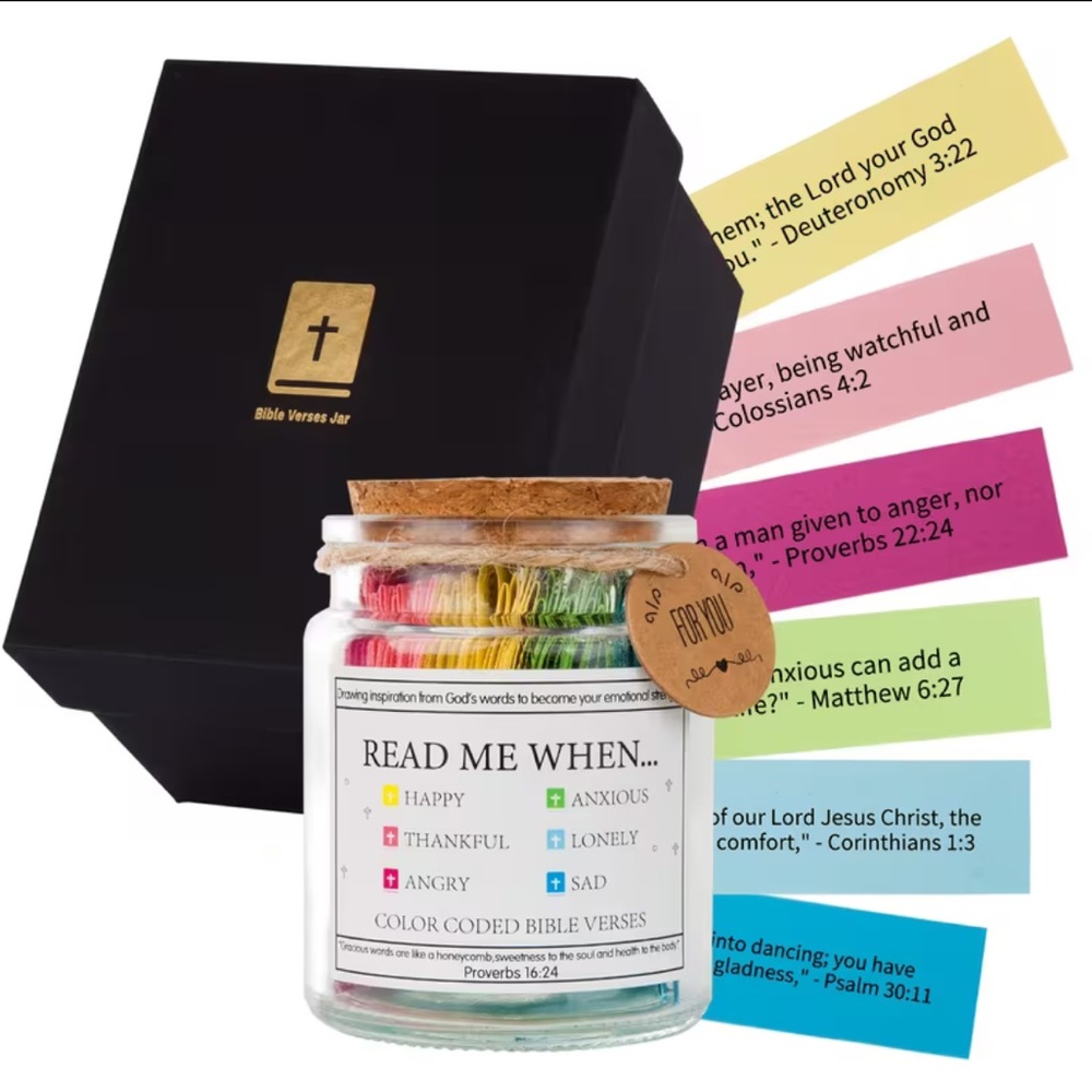 NIB Multicolor Coded Scripture Bible Verse Cork Jar 90 in Black Gilded Gift Box